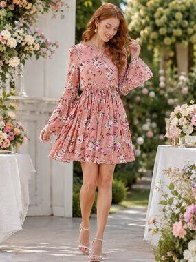 Xhilaration Pink Floral Bell Sleeve Mini Dress Boho Cottagecore Size S